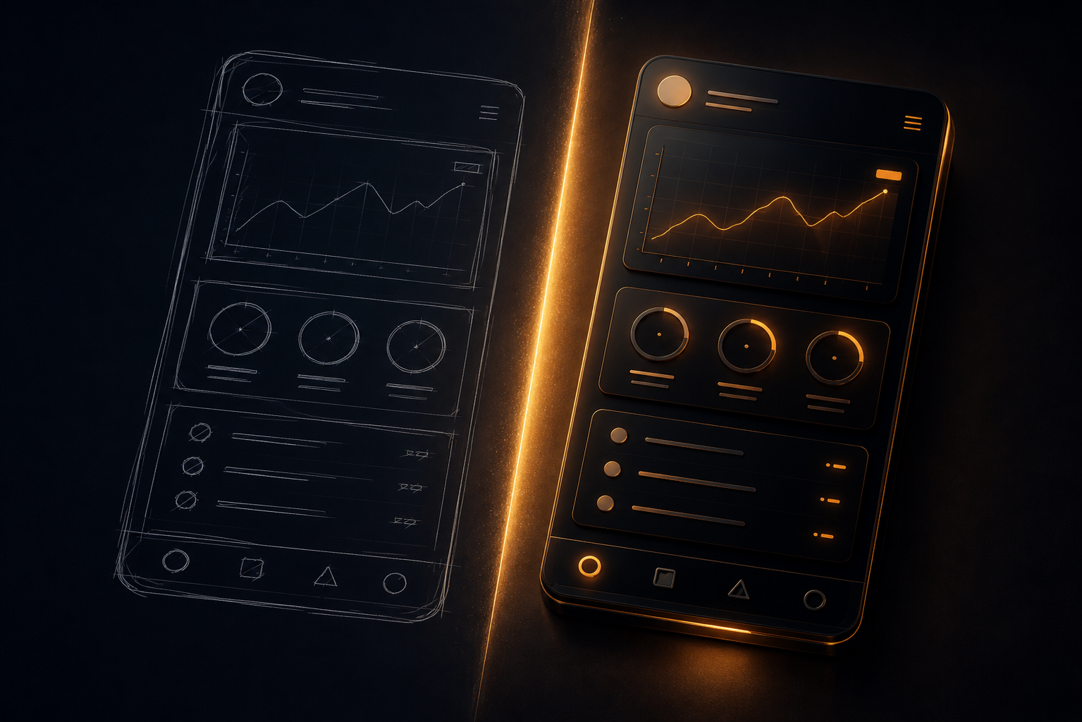 A rough wireframe sketch on the left transforming into a finished, polished product on the right